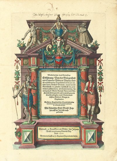 Tittelside for den første utgaven på tysk av den første delen av "Great Voyages: America", 1590 av Theodore de Bry