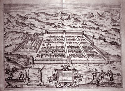 Utsikt over inkabyen Cuzco, Peru (gravering av Theodore de Bry