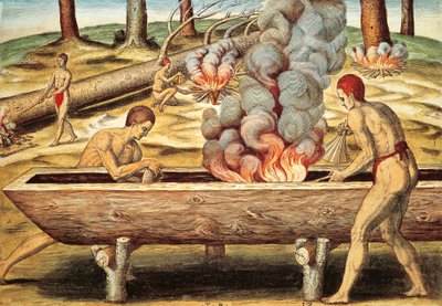 Virginia-innfødte bygger en piroga av Theodore de Bry