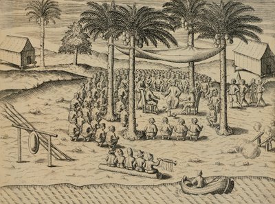 Velkommen fra urfolk i Afrika, Illustrasjon fra Indiae Orientalis av Antonio Pigafetta, av Theodore de Bry av Theodore de Bry