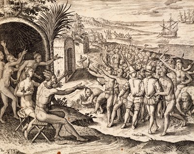 Innbydende nederlandsk, gravering fra verk India orientalis, av Theodor de Bry (1528-1598), Indonesia av Theodore de Bry