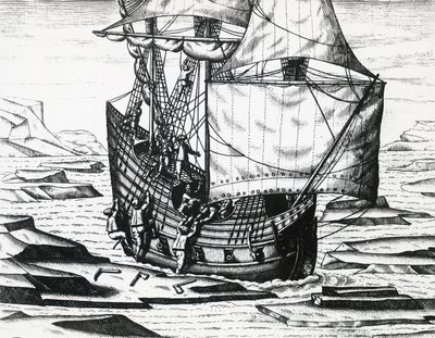 William Barents (ca 1550-1597) skip under den tredje nederlandske ekspedisjonen på jakt etter Nordøstpassasjen, av Theodor de Bry (1528-1598), gravering av Theodore de Bry