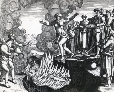 Kvinne som kaster seg på mannens bål, av Theodor de Bry (1528-1598), gravering av Theodore de Bry
