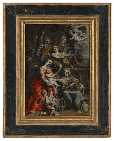 Den hellige familie med Saint Anne, andre helgener og engler (olje på papir lagt på panel) av Theodore van Loon