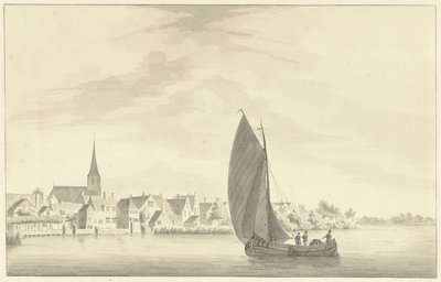 Landsbyen Gouderak med et seilskip i forgrunnen av Theodorus Cornelis Schutter