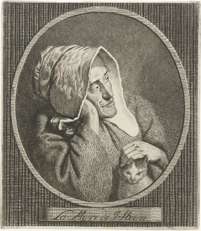 Gammel kvinne med katt La Mere de J. Steen (tittel på objekt) av Theodorus de Roode