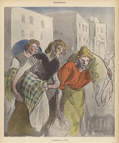 Vaskekvinner som kommer tilbake fra vaskeriet (farge litho) av Theophile Alexandre (after) Steinlen