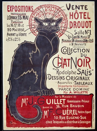 Reklameplakat som kunngjorde salget på Hotel Drouot i 1898 av Cat Noir-samlingen og verk av Rodolphe Salis, Illustrasjon av Theophile Alexandre Steinlen (1859-1923) av Théophile Alexandre Steinlen