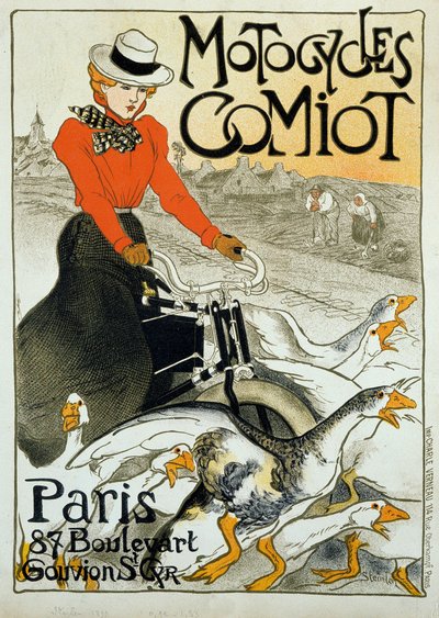Reklameplakat for Comiot motorsykler. En ung kvinne på moped ruller blant en gruppe gjess. Plakat av Theophile Alexandre Steinlen (1859-1923). 1899. Paris, dekorativ kunst. av Théophile Alexandre Steinlen