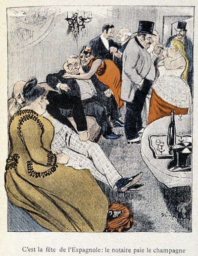 Filles et Marlous: Det er spanjolenes fest: Notarius betaler champagnen - i "Dans la vie" av Steinlen 1901 (samme tegning som nr. 27695) av Théophile Alexandre Steinlen