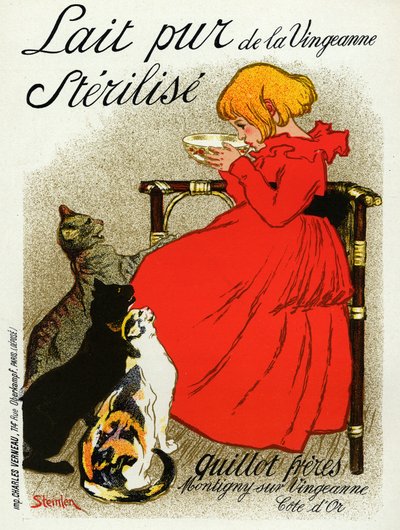 Mat og Drikke. Vingeanne melk. Liten jente med katter. Plakat av Steinlen, Frankrike, ca. 1890 (plakat) av Théophile Alexandre Steinlen