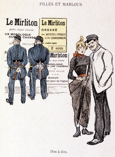 Jente og Marlou: en hallik og en prostituert bak to politifolk. I "" In Life"" av Steinlen av Théophile Alexandre Steinlen