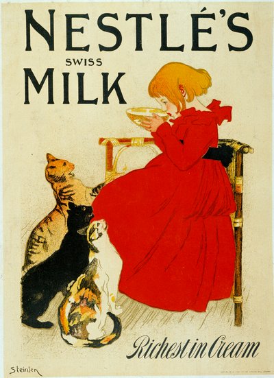 Nestle-annonsering: "" Nestles sveitsiske melk"". En jente drikker en bolle med melk foran misunnelige katter. Plakat av Theophile Alexandre Steinlen (1859 - 1923), 1900-tallet. Paris, dekorativ kunst. av Théophile Alexandre Steinlen