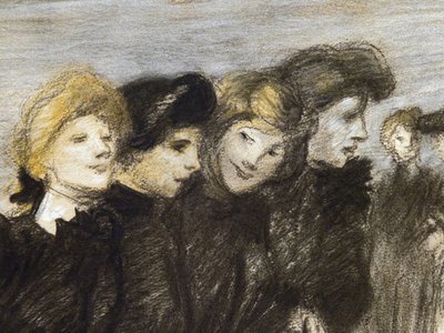 Utgangen av midinettene (detalj) (før 1907). Theophile Alexandre Steinlen (1859-1923). Kull og pastell på papir. Musee des Beaux-Arts de la Ville de Paris, PeuPalais. av Théophile Alexandre Steinlen