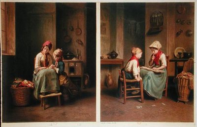 The Lesson and The Card Game, trykt i 1858 (lito i farger) av Theophile Emmanuel (after) Duverger