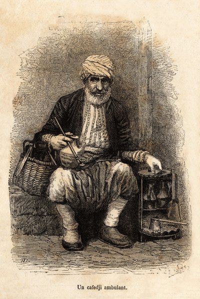 En kaféselger (cafedji) som reiser, i basaren i Trebizonde (dagens Trabzon, ved Svartehavskysten), graverer etter en tegning av fortelleren, som illustrerer en reise til Lazistan og Armenia, fra 1869, av Theophile Deyrolle, utgitt i "" Le to av Theophile Louis Deyrolle