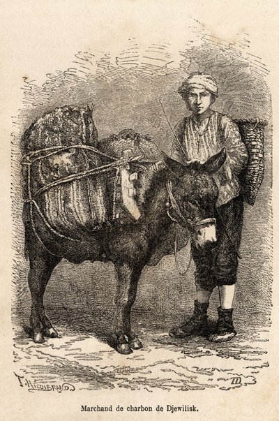 En kullhandler, med eselet sitt, i Djewilisk (Nord-Anatolia), gravert etter en tegning av fortelleren, som illustrerer en reise i Lazistan og Armenia, fra 1869, av Theophile Deyrolle, publisert i "" Le tour du monde"" 1875, redigert av Edouard Charton av Theophile Louis Deyrolle