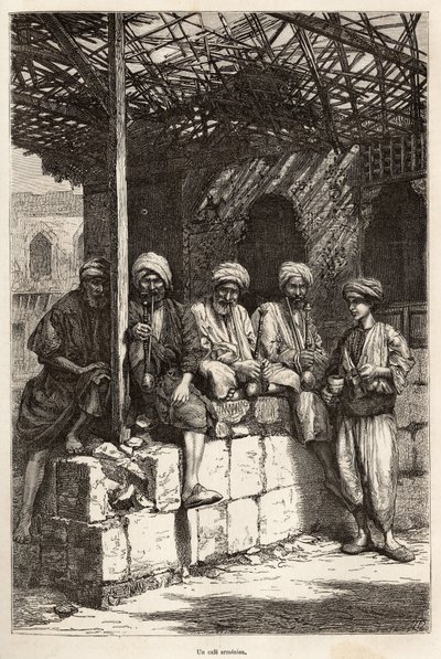 En armensk kafé, et sted for maskulin gemyttlighet, for å drikke kaffe og røyke pipe, gravering etter en tegning av forfatteren, som illustrerer reisen i Lazistan og Armenia, av Theophile Deyrolles, i 1869, publisert i "" Le tour du monde" "" 1875, e av Theophile Louis Deyrolle