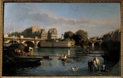 Den nye broen og spissen av Ile de la Cite. Utsikt over Paris. Maleri av Theophile Meunier (1800-1884) av Théophile Meunier