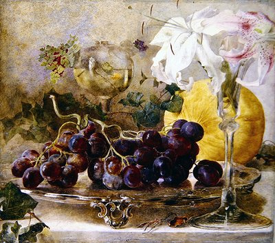 Blomster og frukt (olje på panel) av Theude Groenland