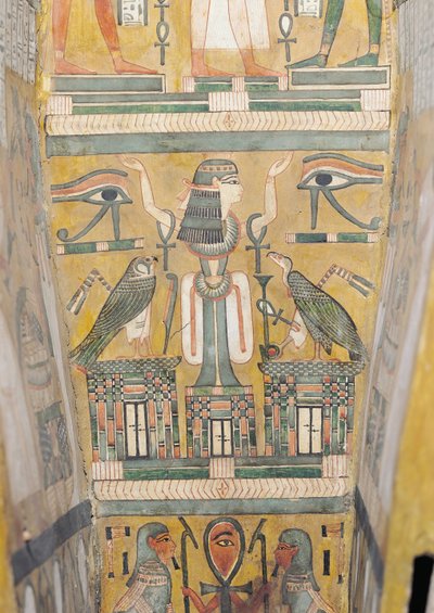 Interiør av kisten til Imenemipet som viser wedjat-øyet og en kvinne med løftede armer, 21.-22. dynasti (malt tre) av Third Intermediate Period Egyptian