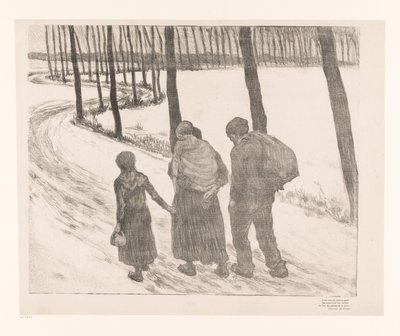 Mann og kvinne med to barn som går på en landevei Pauvres gens av Théo van Rysselberghe