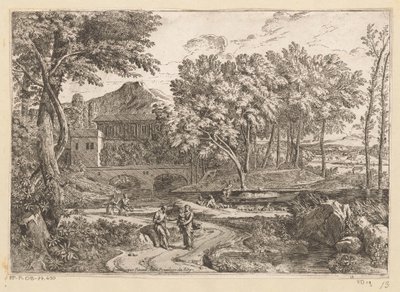 Arkadisk landskap med en flokk geiter ved vannet og en mor med barn på en sti med andre figurer Suite de Paysages (serietittel) av Théodore