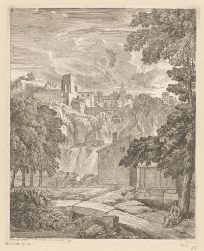 Arkadisk landskap med en foss og en kvinne under et tre Suite de paysages (serietittel) av Théodore
