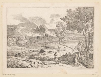 Arkadisk landskap med figurer langs en sti ved en bekk Suite de Paysages (serietittel) av Théodore
