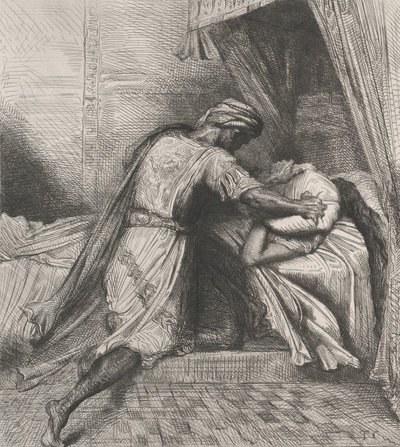 Han kveler henne: plate 13 fra Othello Act 5, Scene 2, etset 1844, gjengitt 1900. av Théodore Chassériau