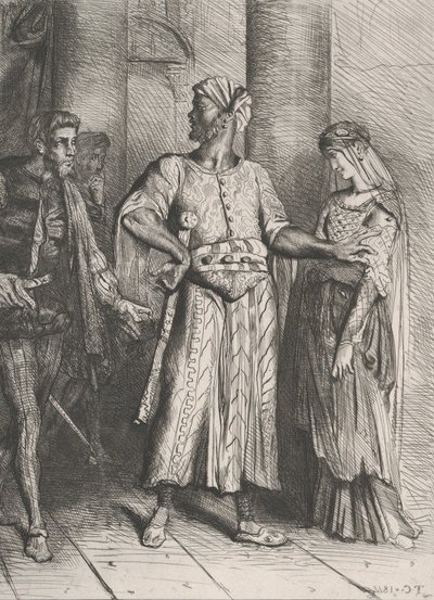 Ærlig Iago, min Desdemona må jeg overlate til deg: plate 4 fra Othell..., etset 1844, gjengitt 1900. av Théodore Chassériau