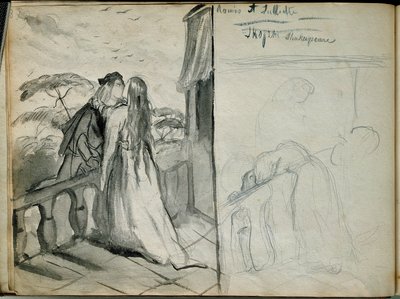Les lovers Romeo et Juliet Illustrasjon av stykket med samme navn av William Shakespeare (1564-1616) som representerer elskere som kysser på balkongen. Skisse av Theodore Chasseriau (1819-1856) Paris. Museet Louvre av Théodore Chassériau