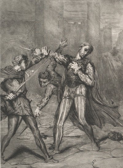 Skurk, du dør: plate 10 fra Othello Act 5, Scene 1, etset 1844, gjengitt 1900. av Théodore Chassériau
