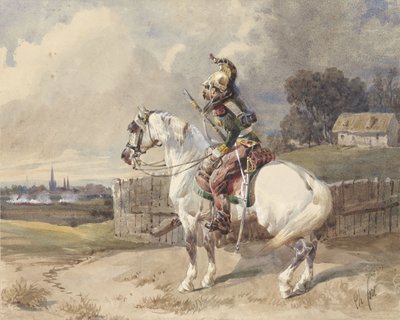Fransk drage på en hvit hest, svingt til venstre, i profil av Théodore Fort (signed by artist)