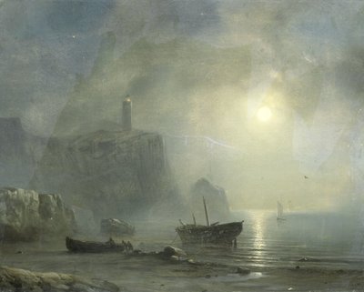 Utsikt over en steinete kyst ved måneskinn av Théodore Gudin (attributed to)