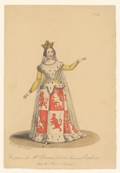 Julie Dorus-Gras i rollen som prinsesse Eudoxie i operaen La Juive Kostyme til fru Dorus, rollen som prinsesse Eudoxie, i La Juive (Opéra) (tittel på objekt) Skuespillere, skuespillerinner i operazangers in hun rol (serietittel) av Théodore Lejeune