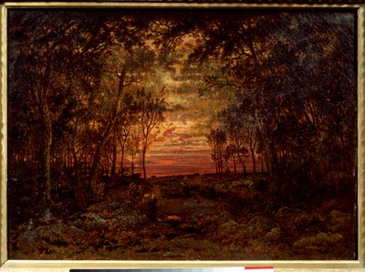 Solnedgang i skogen Maleri av Theodore Rousseau (1812-1867) Barbizon School fra 1800-tallet. Dim. 0,46x0,62m. Olje på lerret. . av Pierre Etienne Theodore Rousseau