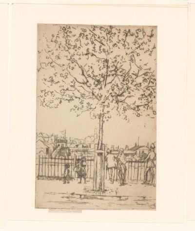 Seks figurer ved et gjerde langs en elv, i forgrunnen et tre Chelsea Embankment, juni kl. 17.00, 1889 av Théodore Roussel (signed by artist)