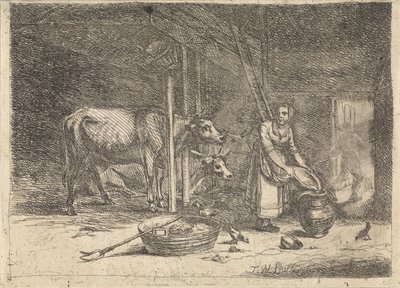 Fjøs med melkepike av Théodore Wynant Stallenbergh
