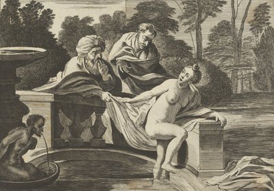 Susanna, delvis naken og går ut av en fontene med to eldste til venstre, en o..., ca. 1656-60. av Théodorus van Kessel