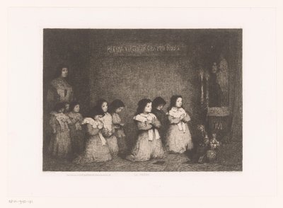 En gruppe jenter i bønn foran en statue av Maria La Priere (tittel på objekt) Eaux-Fortes Modernes: Originales et Inédites (serietittel) av Théodule Augustin Ribot