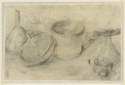 Skisse av et stilleben av panner og en flaske av Théodule Augustin Ribot