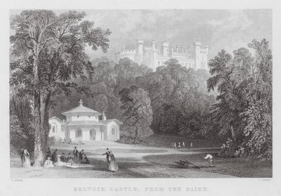 Belvoir Castle, fra meieriet (gravering) av Thomas (after) Allom