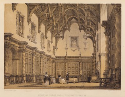 Burleigh Great Hall, Northamptonshire (akvatint) av Thomas (after) Allom