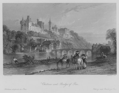 Chateau og bro over Pau (gravering) av Thomas (after) Allom