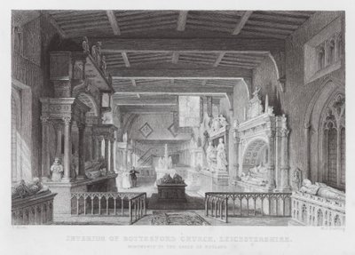 Interiør av Bottesford Church, Leicestershire, monumenter til jarlene av Rutland (gravering) av Thomas (after) Allom