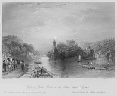 Isle of Sainte Barbe på Saone, nær Lyons (gravering) av Thomas (after) Allom