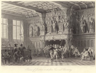 Justispalasset, med fin utskåret skorstein, Brugge (gravering) av Thomas (after) Allom