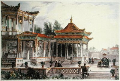 Pavilion of the Star of Hope, Tong Chow, ca. 1850 (litho-farge) av Thomas (after) Allom
