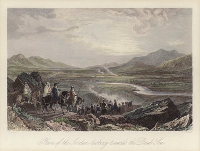 Sletten av elven Jordan ser mot Dødehavet (farget gravering) av Thomas (after) Allom